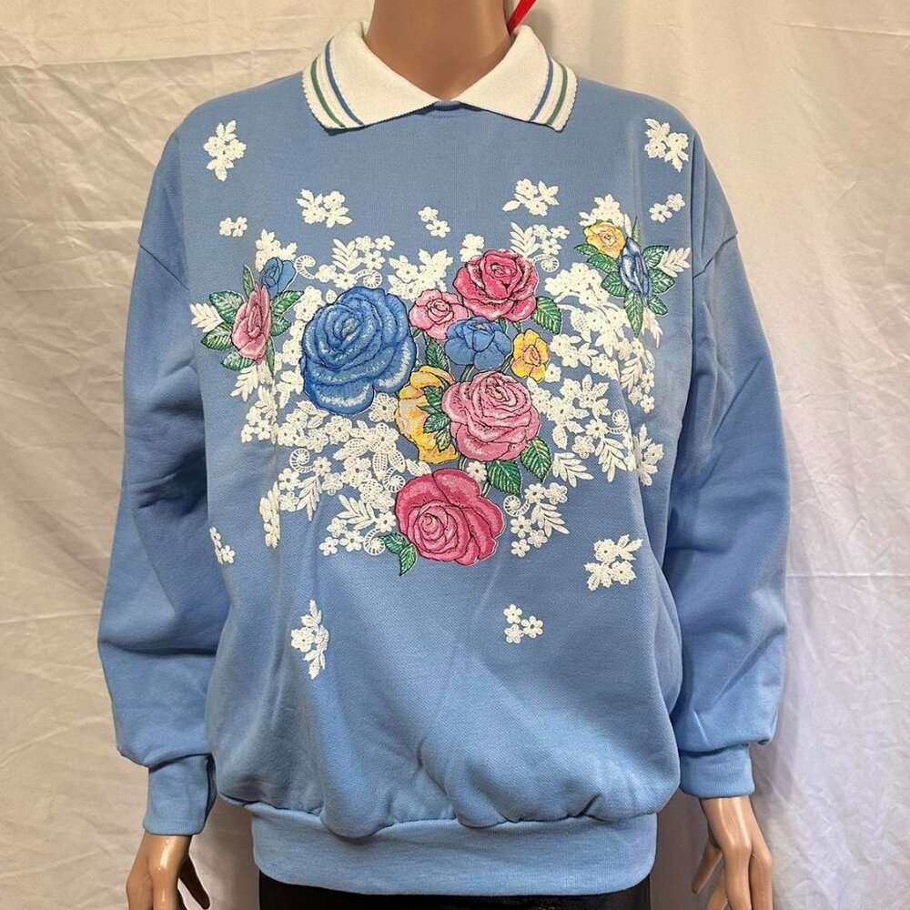 Land N Sea Grandma Floral Collared Crew neck sweater NWT comfy size M